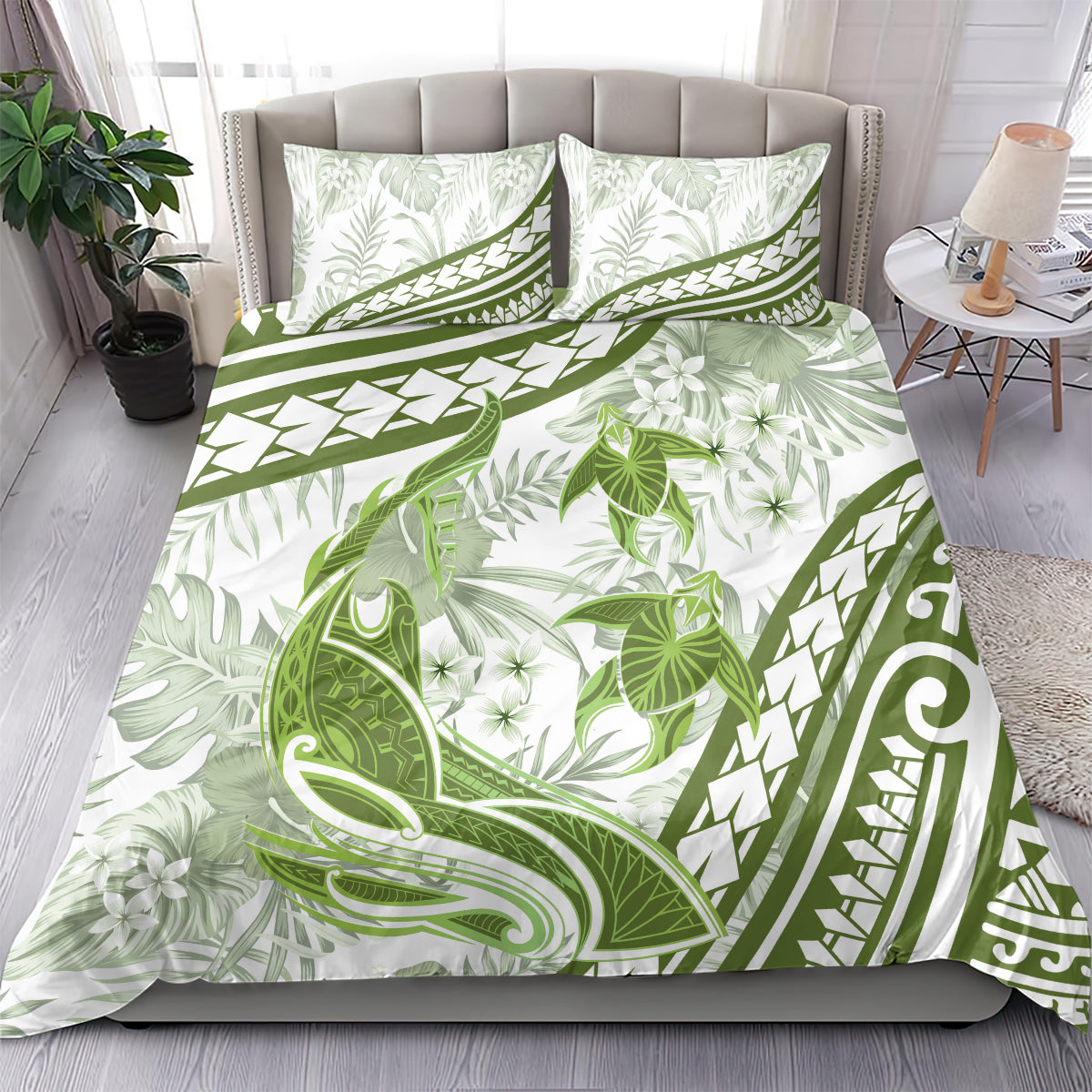 Lime Green Polynesia Bedding Set Polynesian Turtle Shark Tattoo Tropical Vintage
