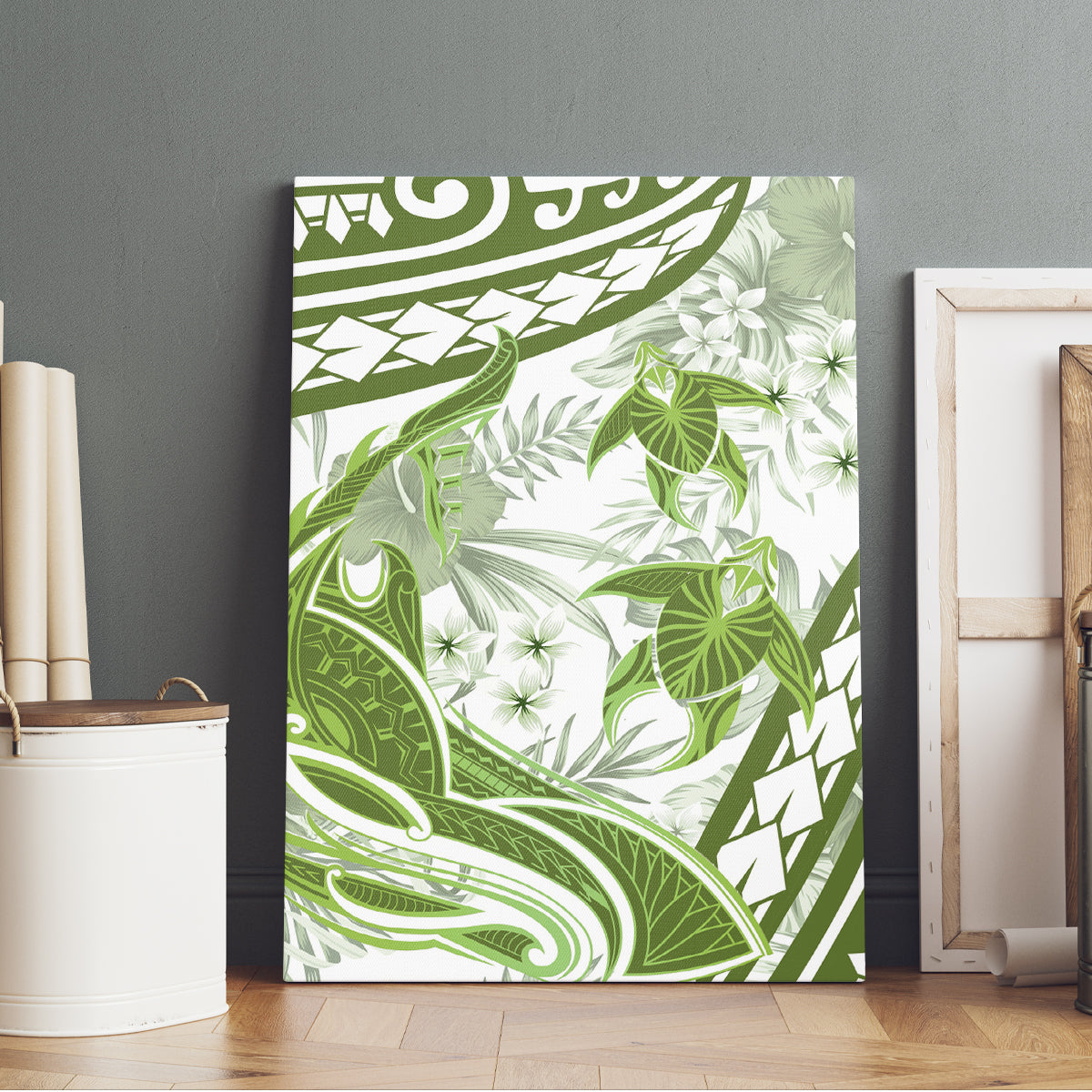 Lime Green Polynesia Canvas Wall Art Polynesian Turtle Shark Tattoo Tropical Vintage