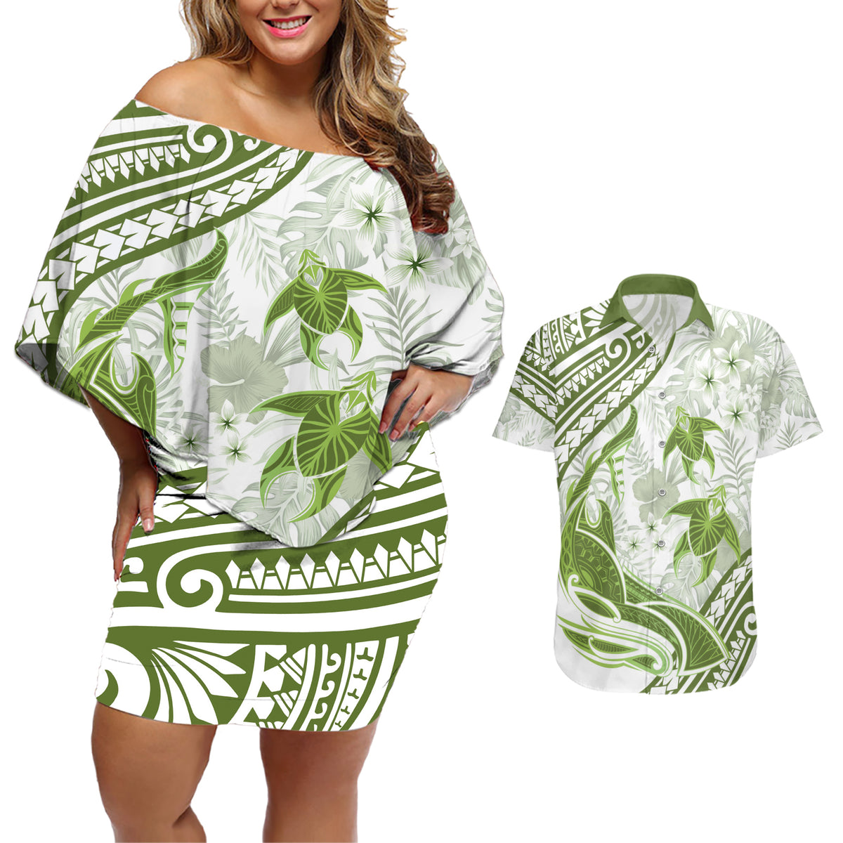 Lime Green Polynesia Couples Matching Off Shoulder Short Dress and Hawaiian Shirt Polynesian Turtle Shark Tattoo Tropical Vintage LT14 Lime Green - Polynesian Pride