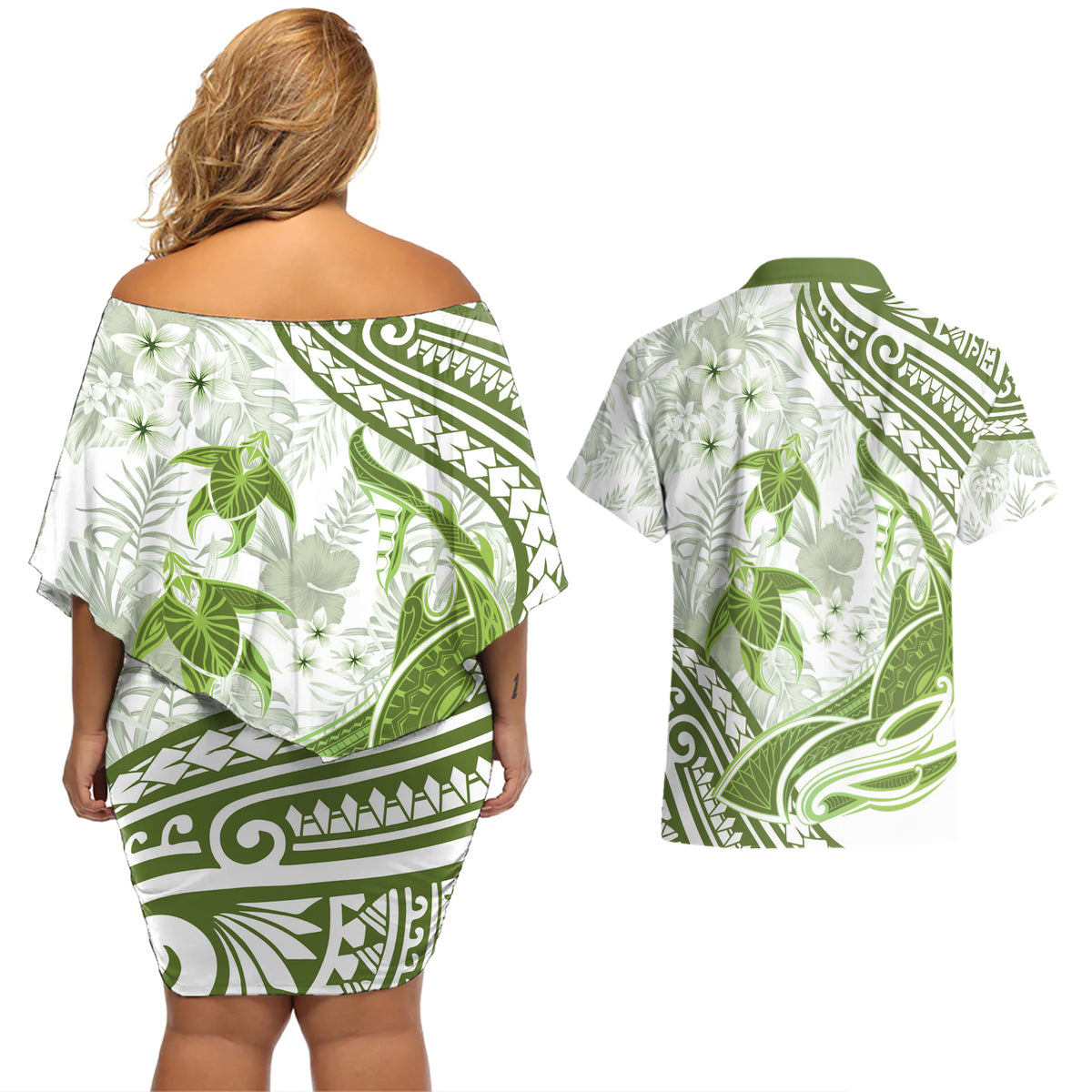 Lime Green Polynesia Couples Matching Off Shoulder Short Dress and Hawaiian Shirt Polynesian Turtle Shark Tattoo Tropical Vintage LT14 - Polynesian Pride