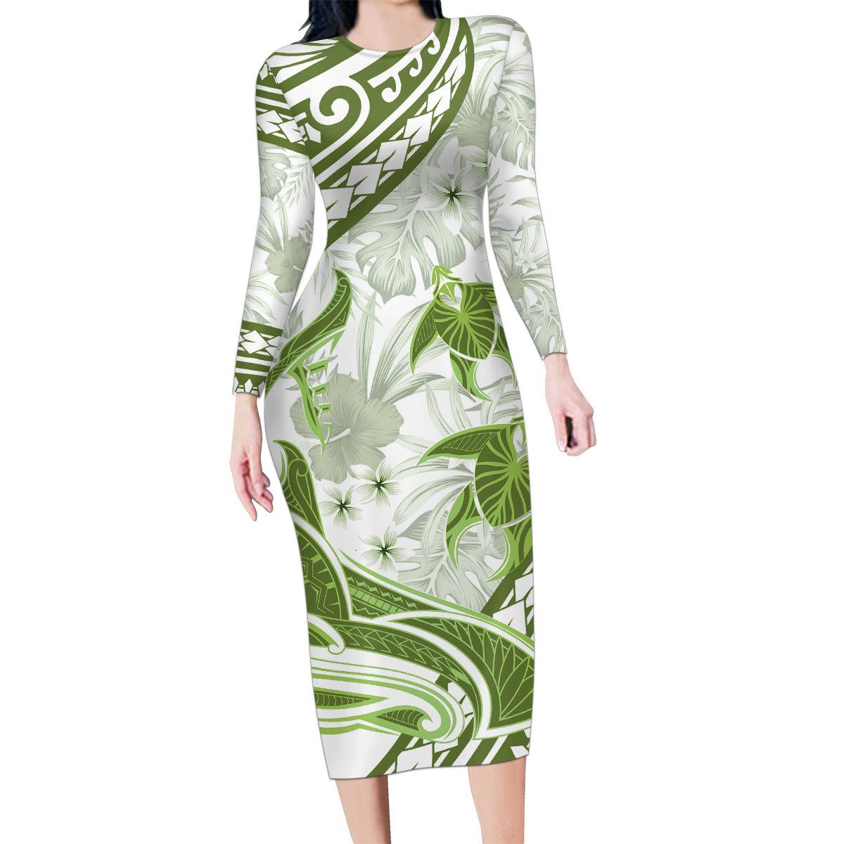 Lime Green Polynesia Family Matching Long Sleeve Bodycon Dress and Hawaiian Shirt Polynesian Turtle Shark Tattoo Tropical Vintage LT14 Mom's Dress Lime Green - Polynesian Pride