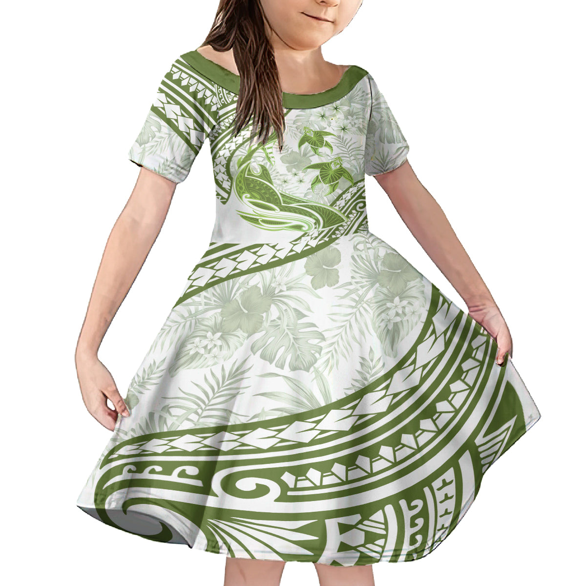 Lime Green Polynesia Kid Short Sleeve Dress Polynesian Turtle Shark Tattoo Tropical Vintage LT14 KID Lime Green - Polynesian Pride