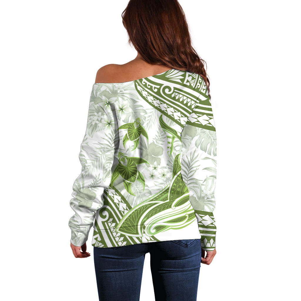 Lime Green Polynesia Off Shoulder Sweater Polynesian Turtle Shark Tattoo Tropical Vintage LT14 - Polynesian Pride