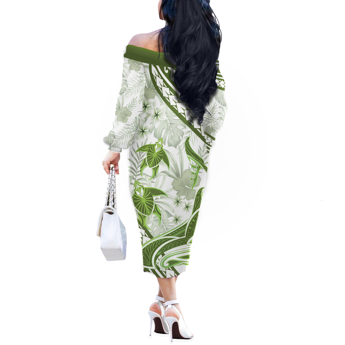 Lime Green Polynesia Off The Shoulder Long Sleeve Dress Polynesian Turtle Shark Tattoo Tropical Vintage LT14 - Polynesian Pride