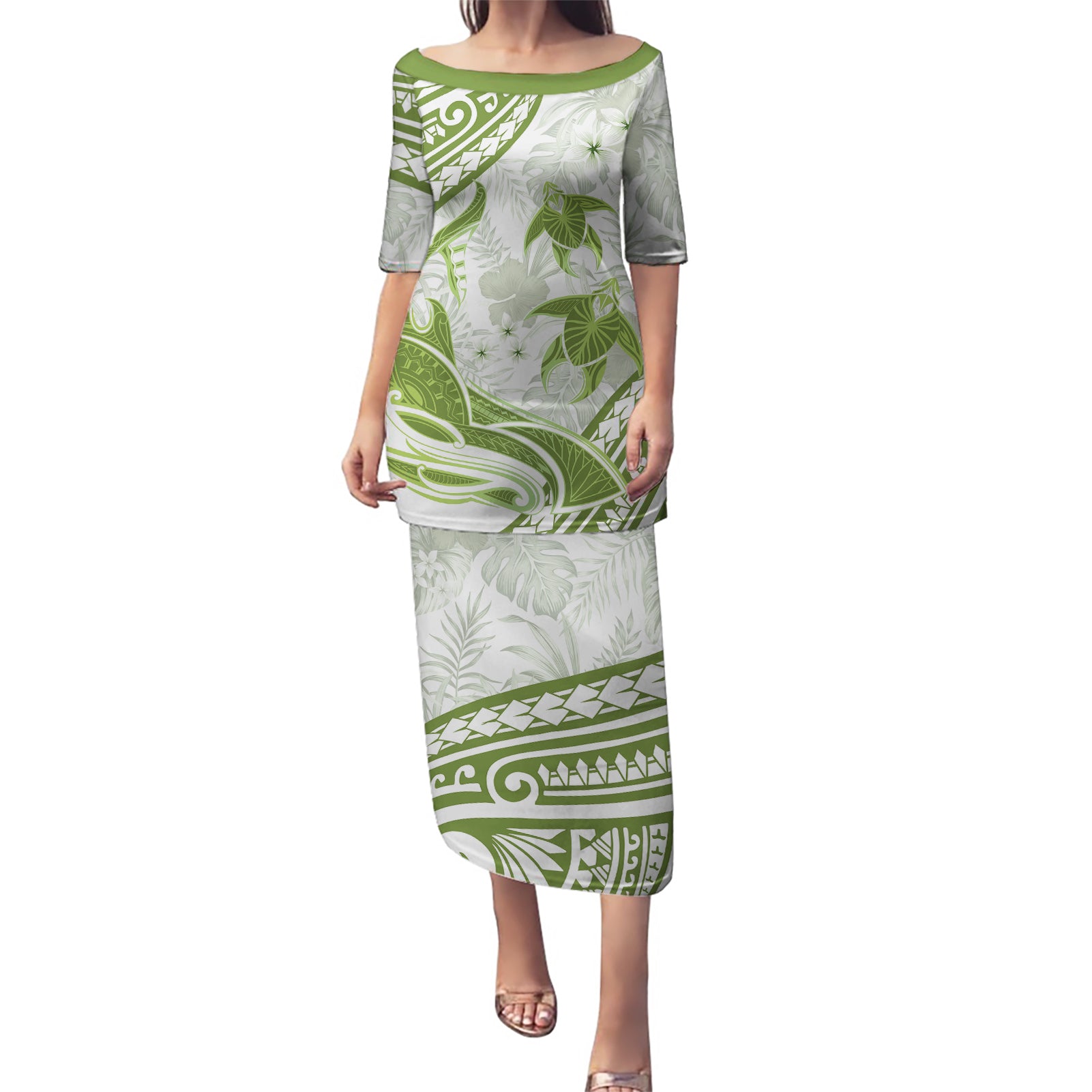 Lime Green Polynesia Puletasi Polynesian Turtle Shark Tattoo Tropical Vintage LT14 Long Dress Lime Green - Polynesian Pride