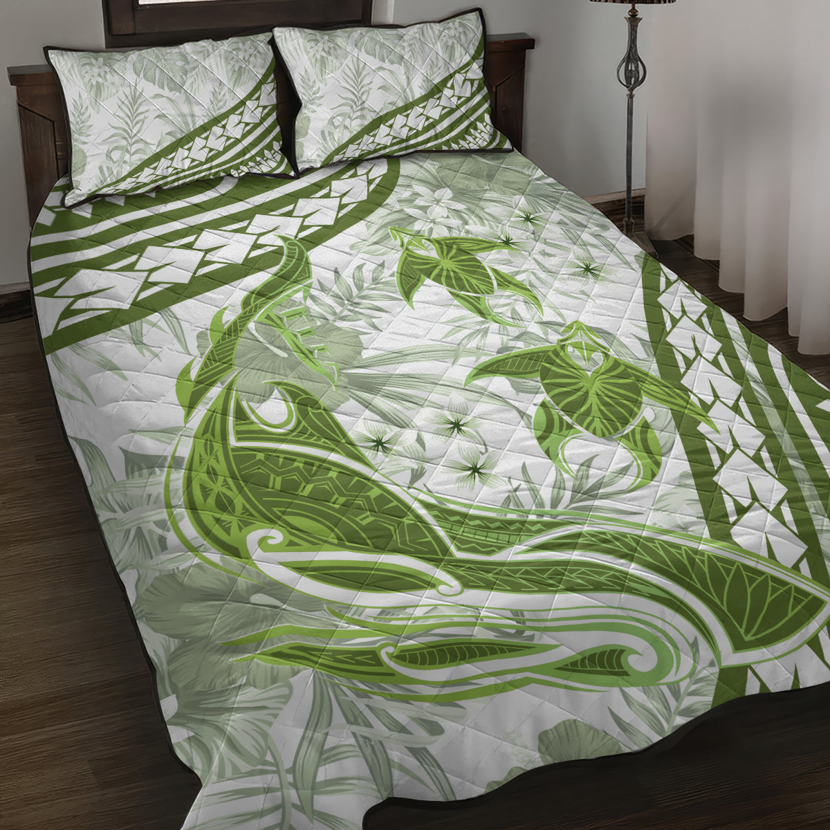 Lime Green Polynesia Quilt Bed Set Polynesian Turtle Shark Tattoo Tropical Vintage LT14 Lime Green - Polynesian Pride