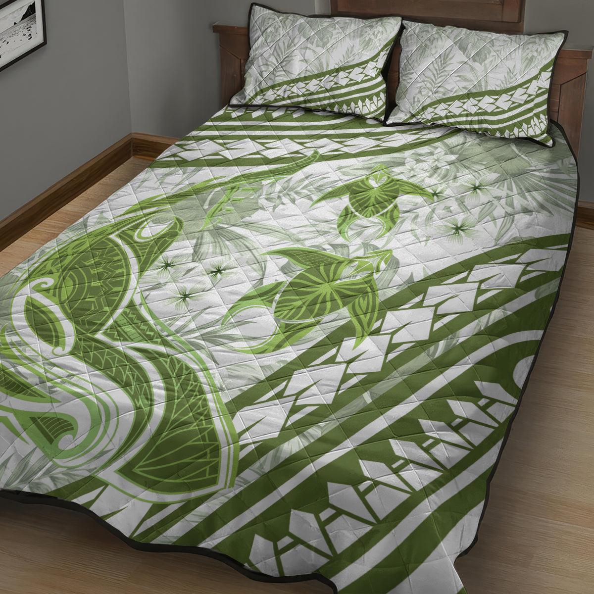 Lime Green Polynesia Quilt Bed Set Polynesian Turtle Shark Tattoo Tropical Vintage