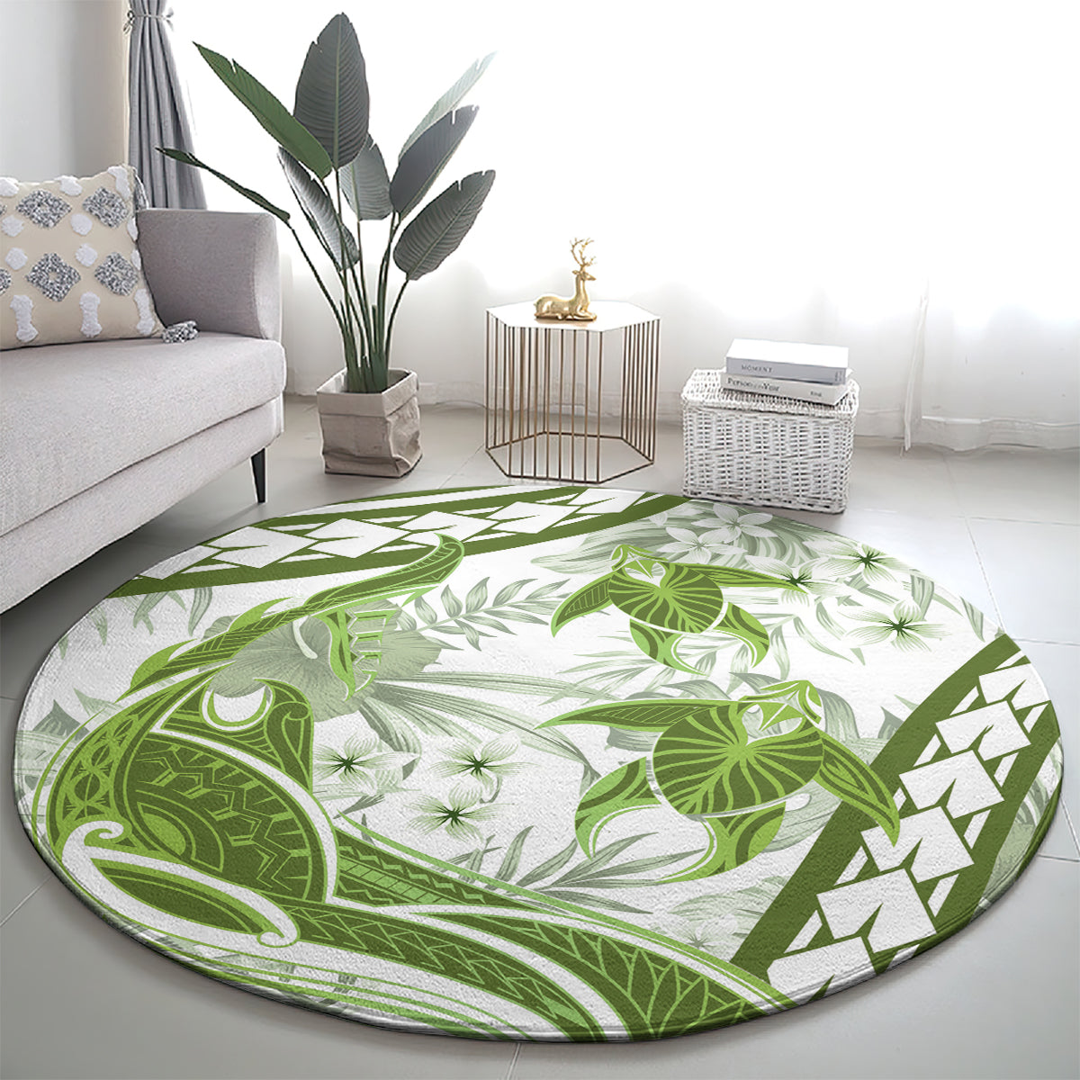 Lime Green Polynesia Round Carpet Polynesian Turtle Shark Tattoo Tropical Vintage LT14 - Polynesian Pride