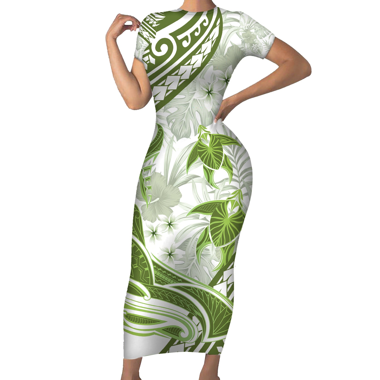 Lime Green Polynesia Short Sleeve Bodycon Dress Polynesian Turtle Shark Tattoo Tropical Vintage LT14 Long Dress Lime Green - Polynesian Pride
