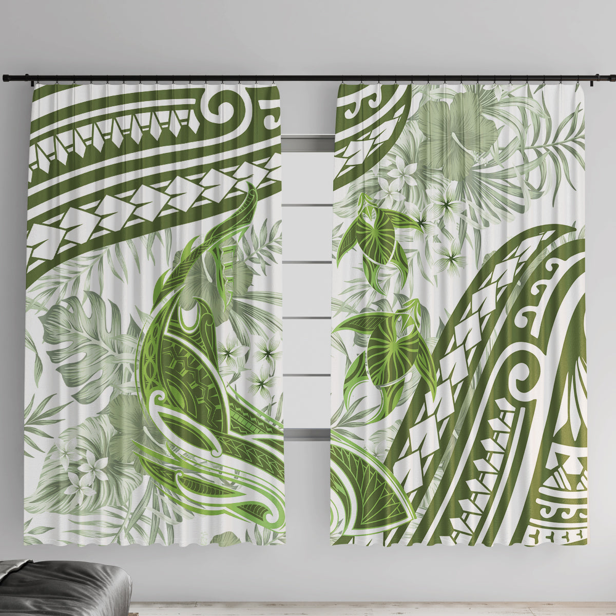 Lime Green Polynesia Window Curtain Polynesian Turtle Shark Tattoo Tropical Vintage LT14 With Hooks Lime Green - Polynesian Pride