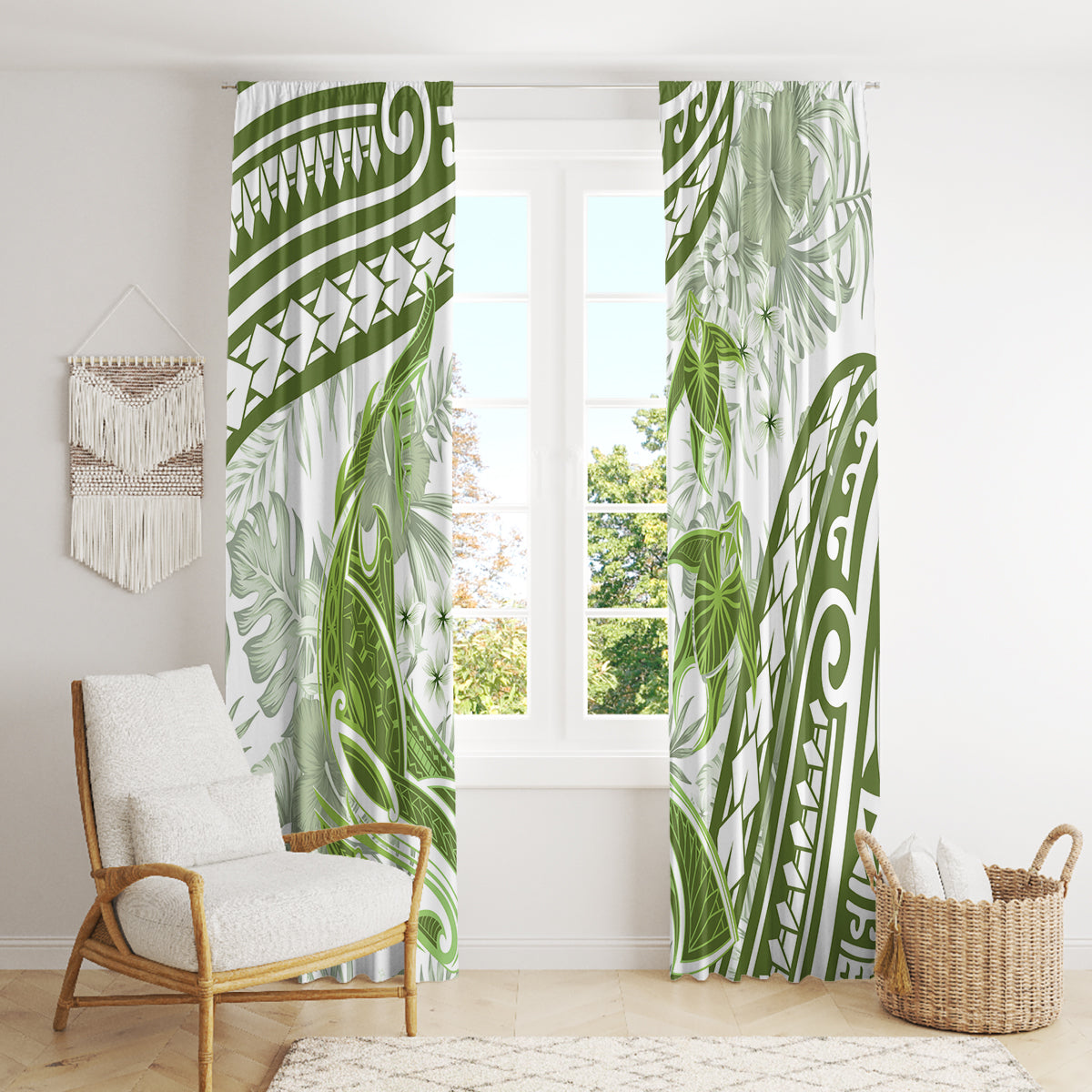 Lime Green Polynesia Window Curtain Polynesian Turtle Shark Tattoo Tropical Vintage