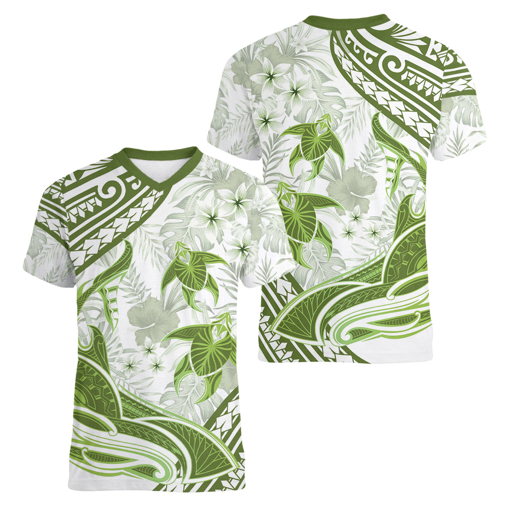 Lime Green Polynesia Women V Neck T Shirt Polynesian Turtle Shark Tattoo Tropical Vintage LT14 - Polynesian Pride