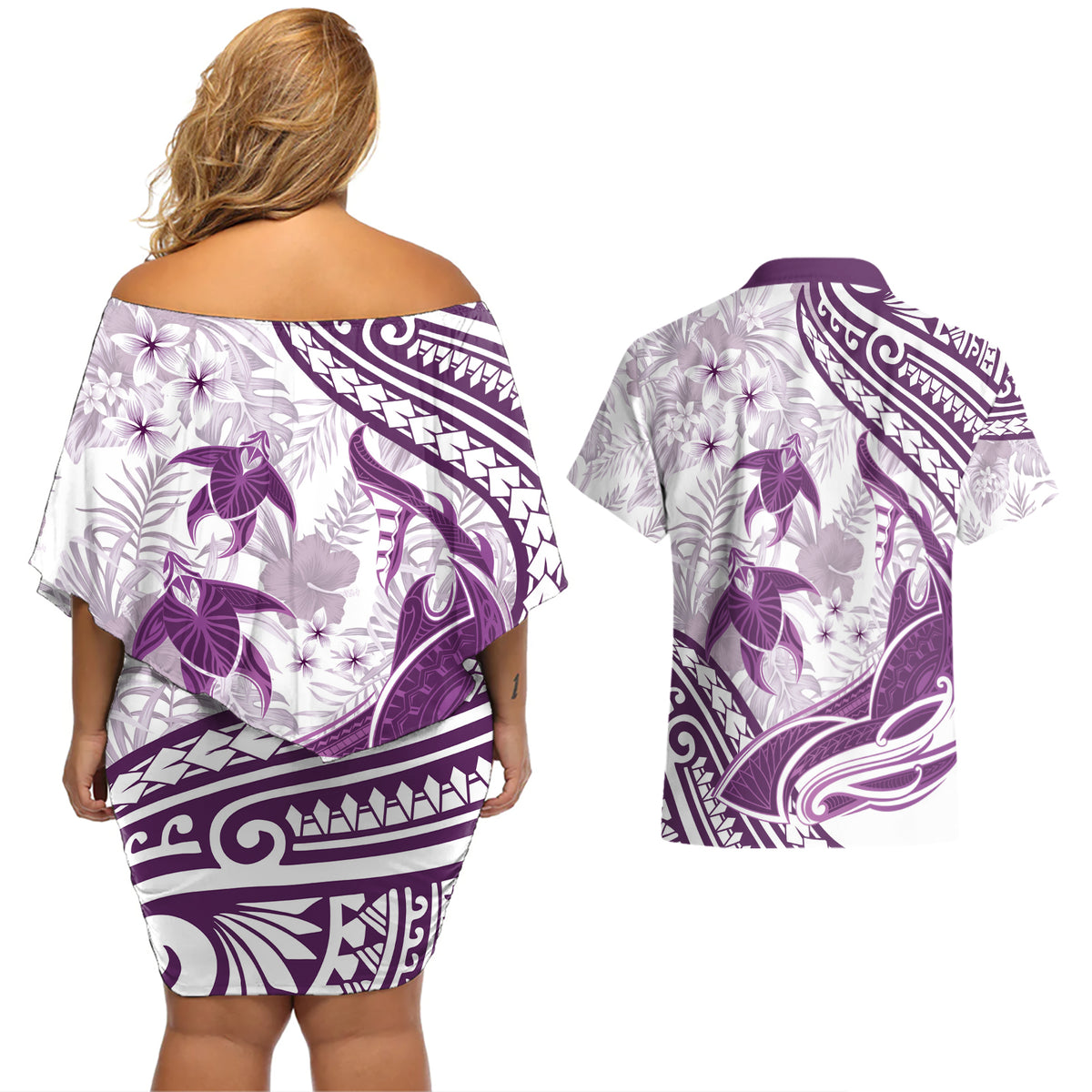 Purple Polynesia Couples Matching Off Shoulder Short Dress and Hawaiian Shirt Polynesian Turtle Shark Tattoo Tropical Vintage LT14 - Polynesian Pride