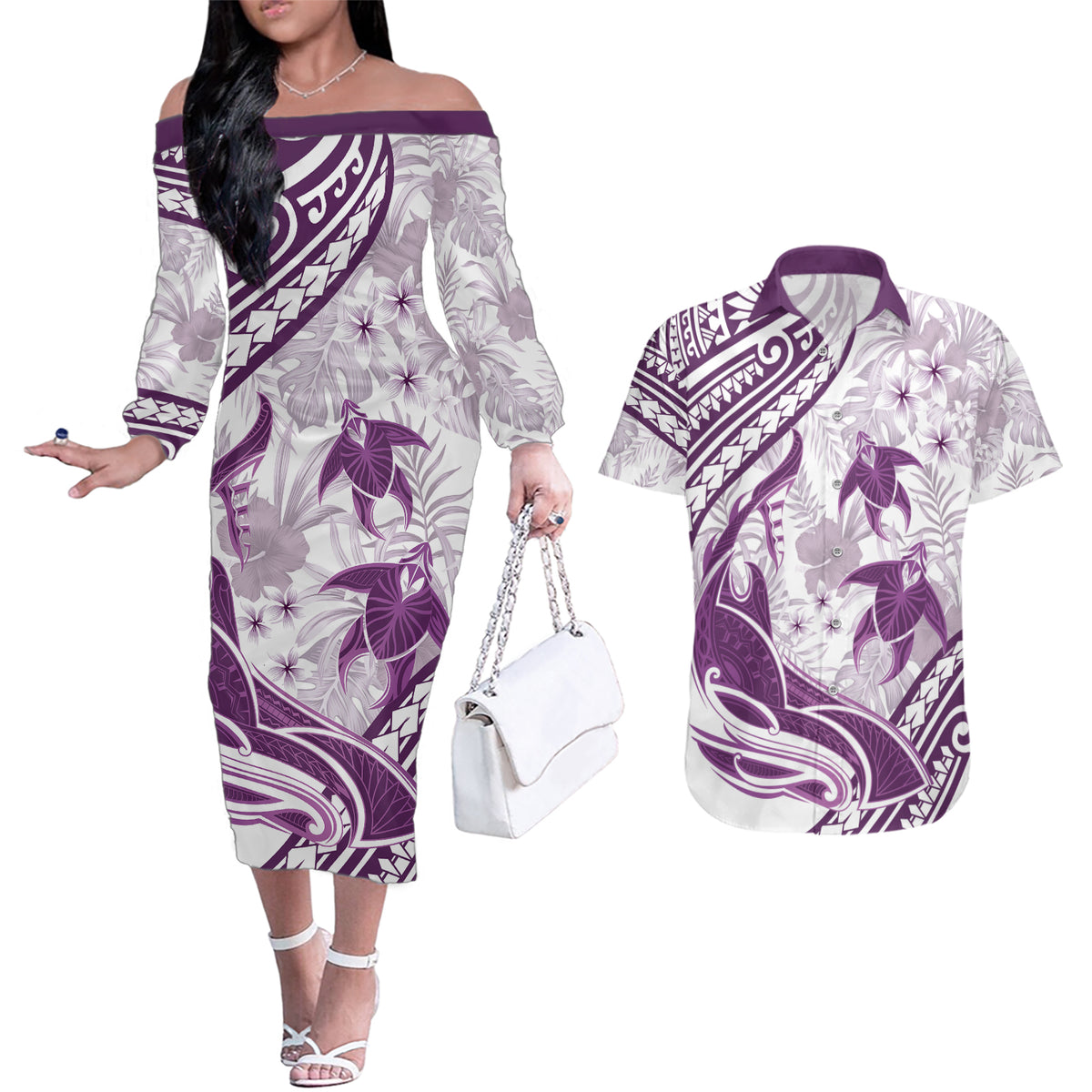 Purple Polynesia Couples Matching Off The Shoulder Long Sleeve Dress and Hawaiian Shirt Polynesian Turtle Shark Tattoo Tropical Vintage LT14 Purple - Polynesian Pride