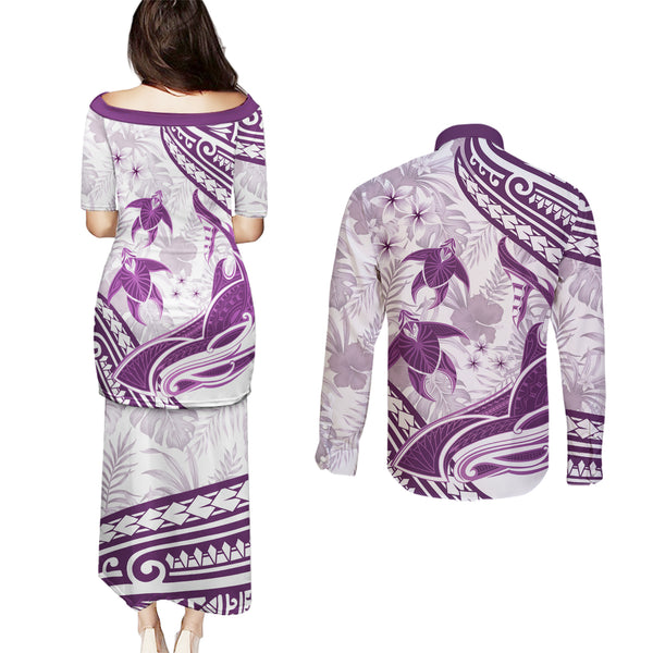 Polynesian Couples Matching Puletasi Dress and Long Sleeve Button Shirts Dog Lover With Shiba Inu - Sunset At The Beach White Ver LT7 main image 1
