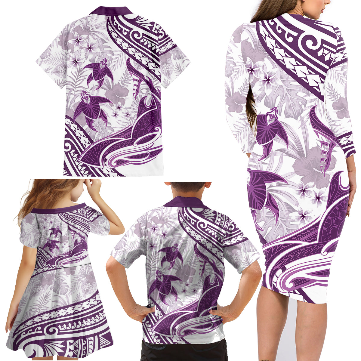 Purple Polynesia Family Matching Long Sleeve Bodycon Dress and Hawaiian Shirt Polynesian Turtle Shark Tattoo Tropical Vintage LT14 - Polynesian Pride