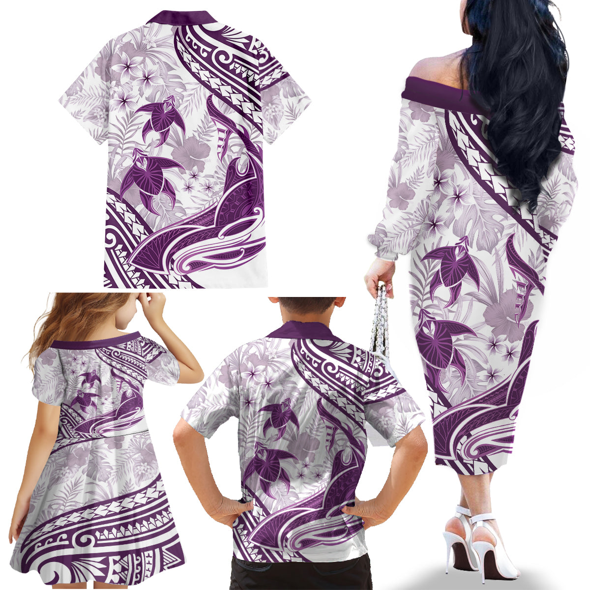 Purple Polynesia Family Matching Off Shoulder Long Sleeve Dress and Hawaiian Shirt Polynesian Turtle Shark Tattoo Tropical Vintage LT14 - Polynesian Pride