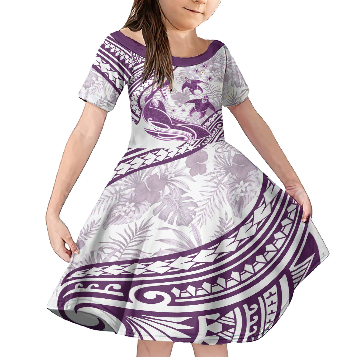 Purple Polynesia Kid Short Sleeve Dress Polynesian Turtle Shark Tattoo Tropical Vintage LT14 KID Purple - Polynesian Pride