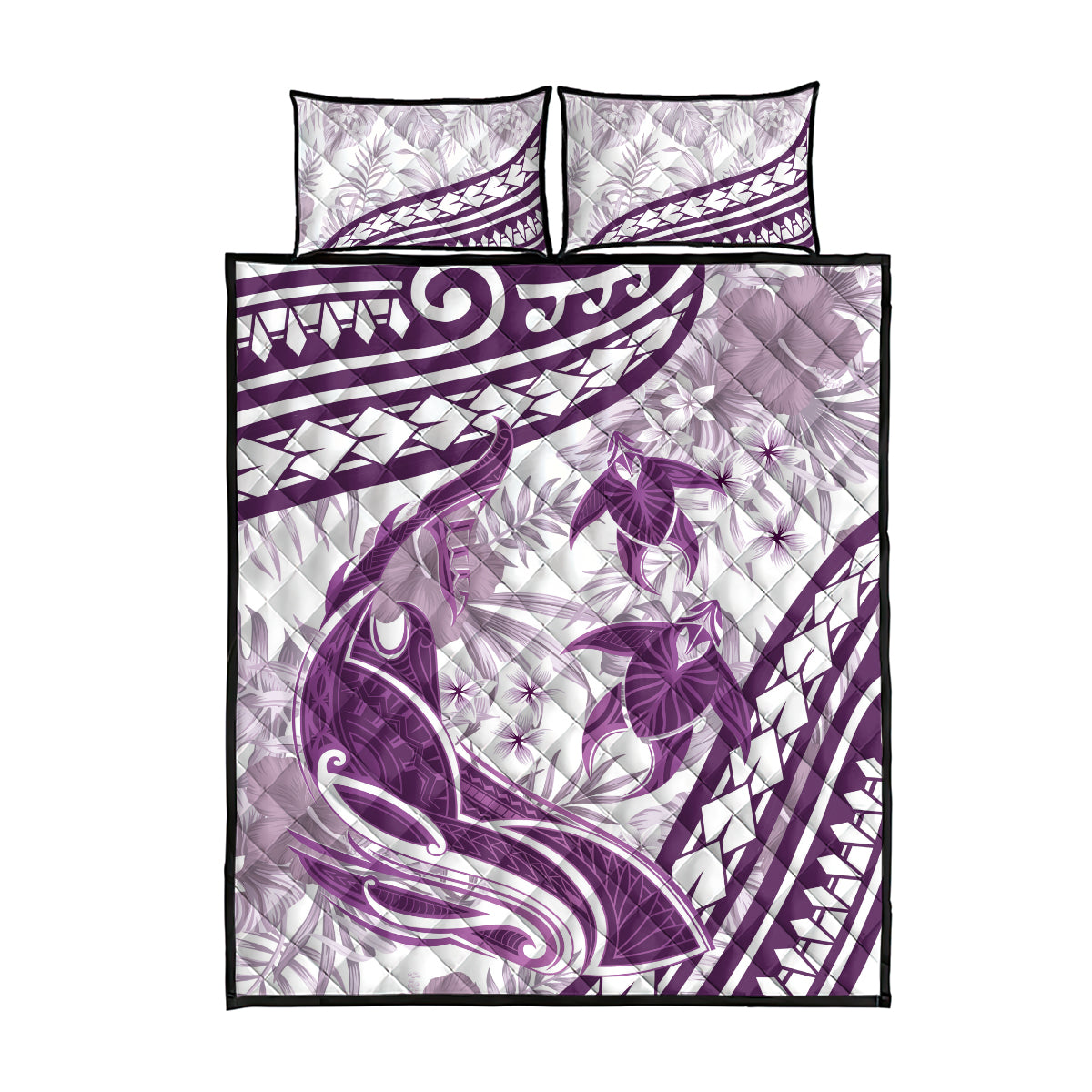 Purple Polynesia Quilt Bed Set Polynesian Turtle Shark Tattoo Tropical Vintage