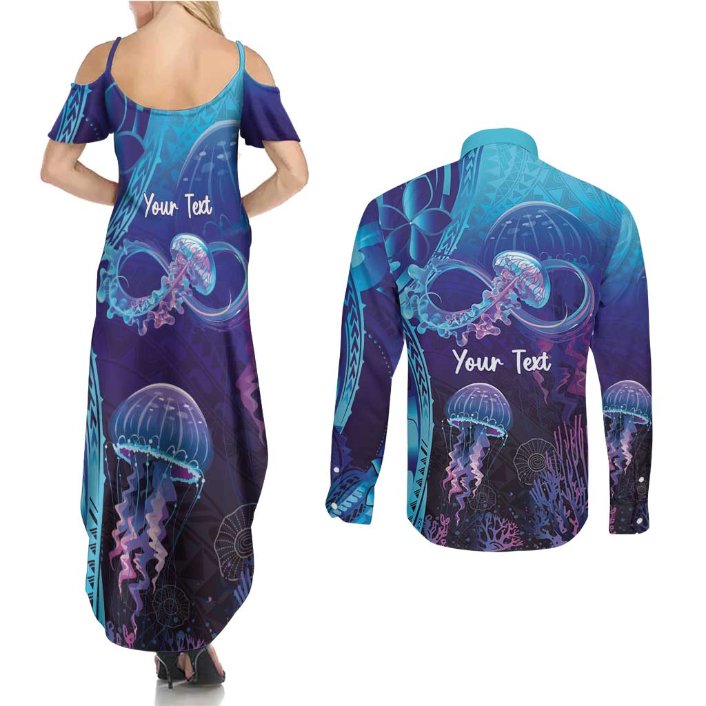 Polynesia Jellyfish Memorial Personalised Couples Matching Summer Maxi Dress and Long Sleeve Button Shirt Infinity Jellies Polynesian Pattern