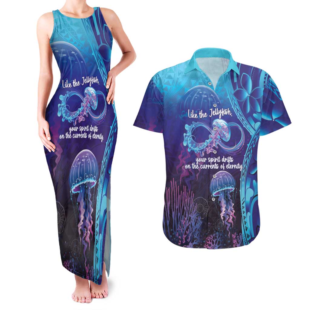 Polynesia Jellyfish Memorial Personalised Couples Matching Tank Maxi Dress and Hawaiian Shirt Infinity Jellies Polynesian Pattern