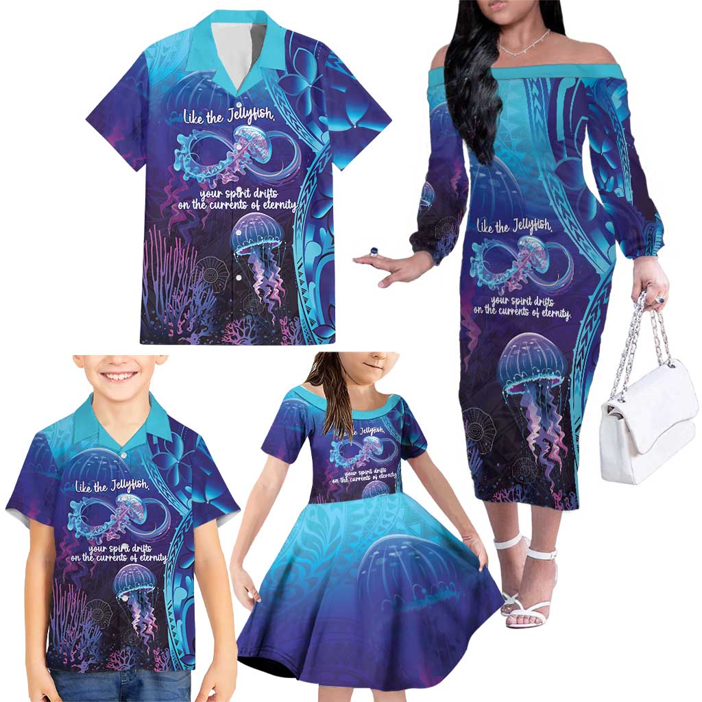Polynesia Jellyfish Memorial Personalised Family Matching Off The Shoulder Long Sleeve Dress and Hawaiian Shirt Infinity Jellies Polynesian Pattern