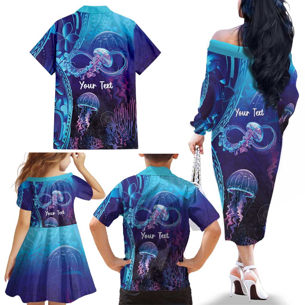 Polynesia Jellyfish Memorial Personalised Family Matching Off The Shoulder Long Sleeve Dress and Hawaiian Shirt Infinity Jellies Polynesian Pattern