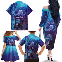 Polynesia Jellyfish Memorial Personalised Family Matching Off The Shoulder Long Sleeve Dress and Hawaiian Shirt Infinity Jellies Polynesian Pattern