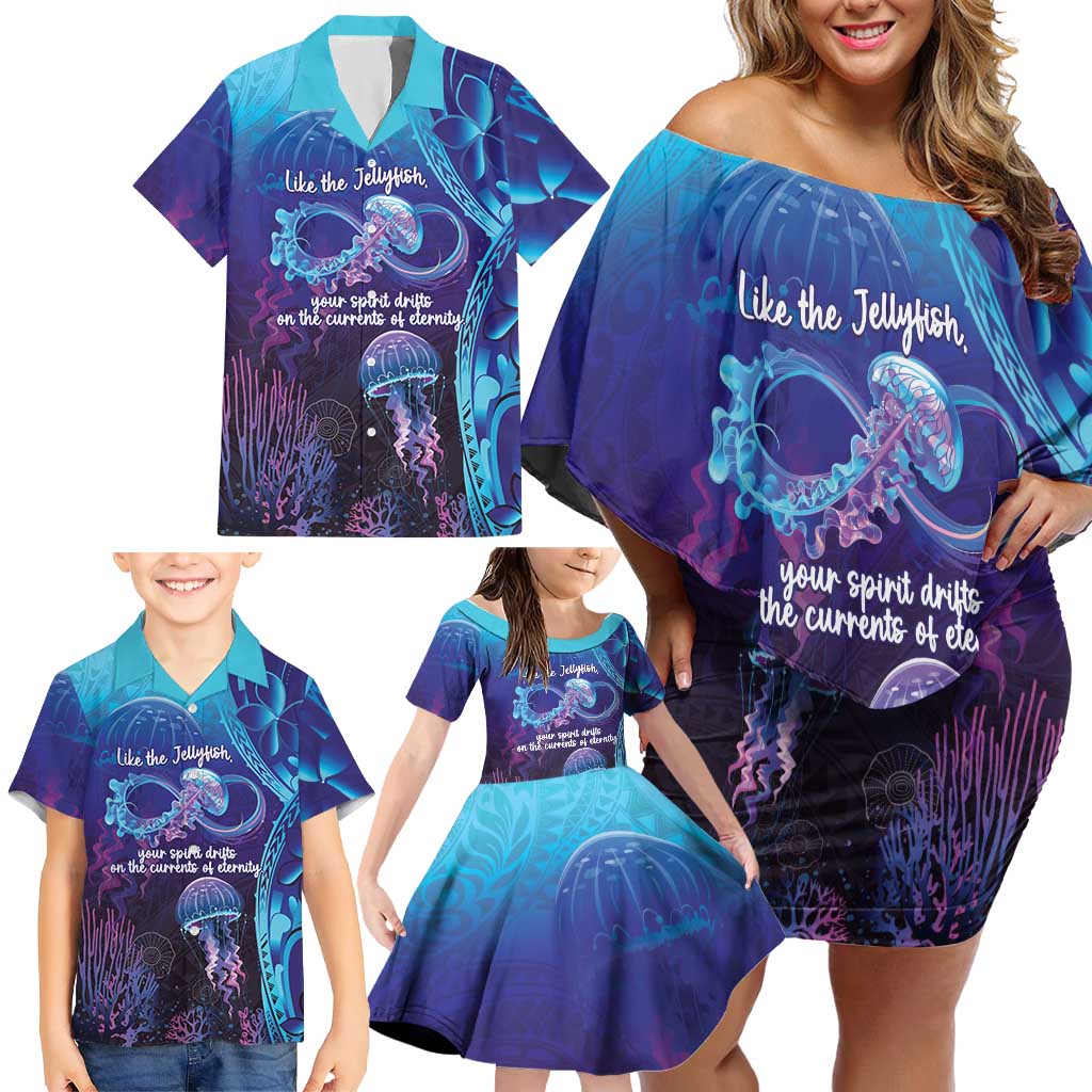 Polynesia Jellyfish Memorial Personalised Family Matching Off Shoulder Short Dress and Hawaiian Shirt Infinity Jellies Polynesian Pattern