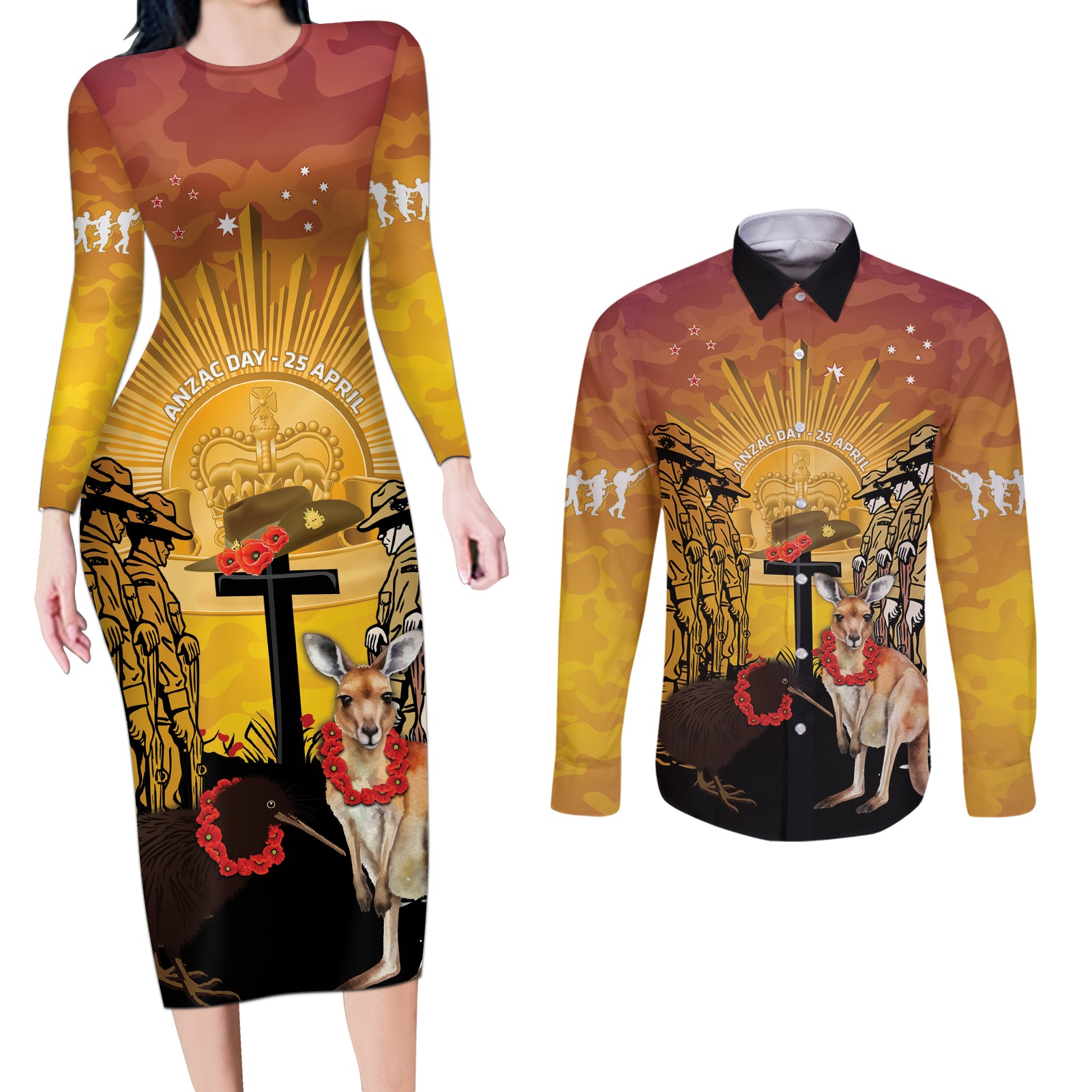 Australia And New Zealand ANZAC Couples Matching Long Sleeve Bodycon Dress and Long Sleeve Button Shirt Aussie Kangaroo With Aotearoa Kiwi Lest We Forget