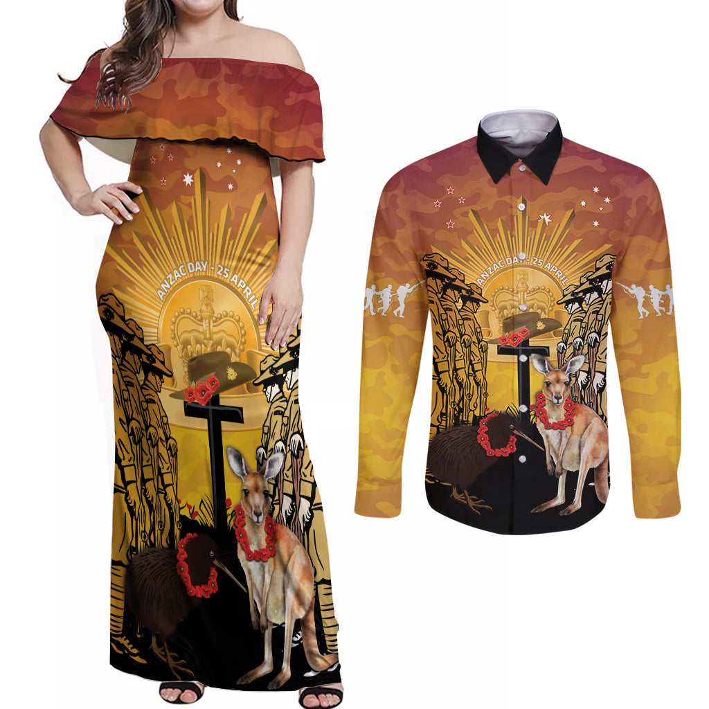Australia And New Zealand ANZAC Couples Matching Off Shoulder Maxi Dress and Long Sleeve Button Shirt Aussie Kangaroo With Aotearoa Kiwi Lest We Forget