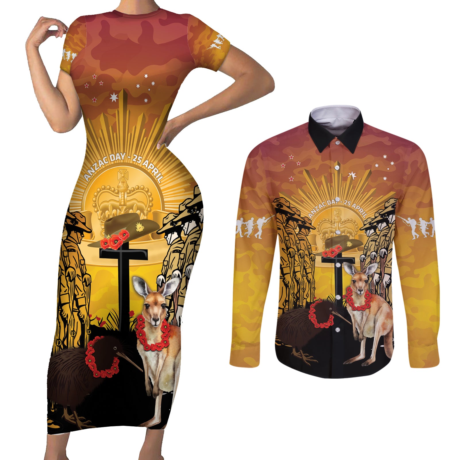 Australia And New Zealand ANZAC Couples Matching Short Sleeve Bodycon Dress and Long Sleeve Button Shirt Aussie Kangaroo With Aotearoa Kiwi Lest We Forget