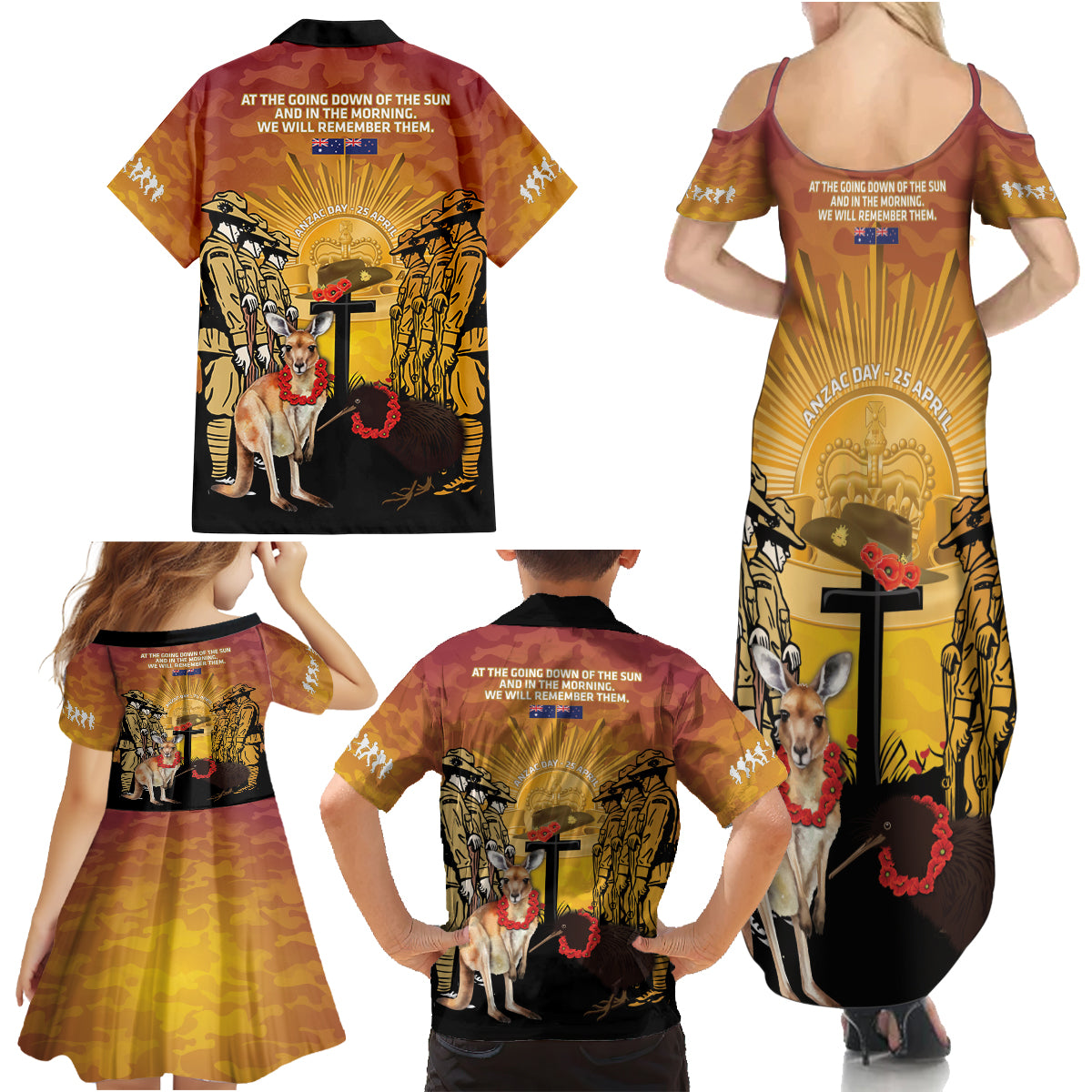 Australia And New Zealand ANZAC Family Matching Summer Maxi Dress and Hawaiian Shirt Aussie Kangaroo With Aotearoa Kiwi Lest We Forget