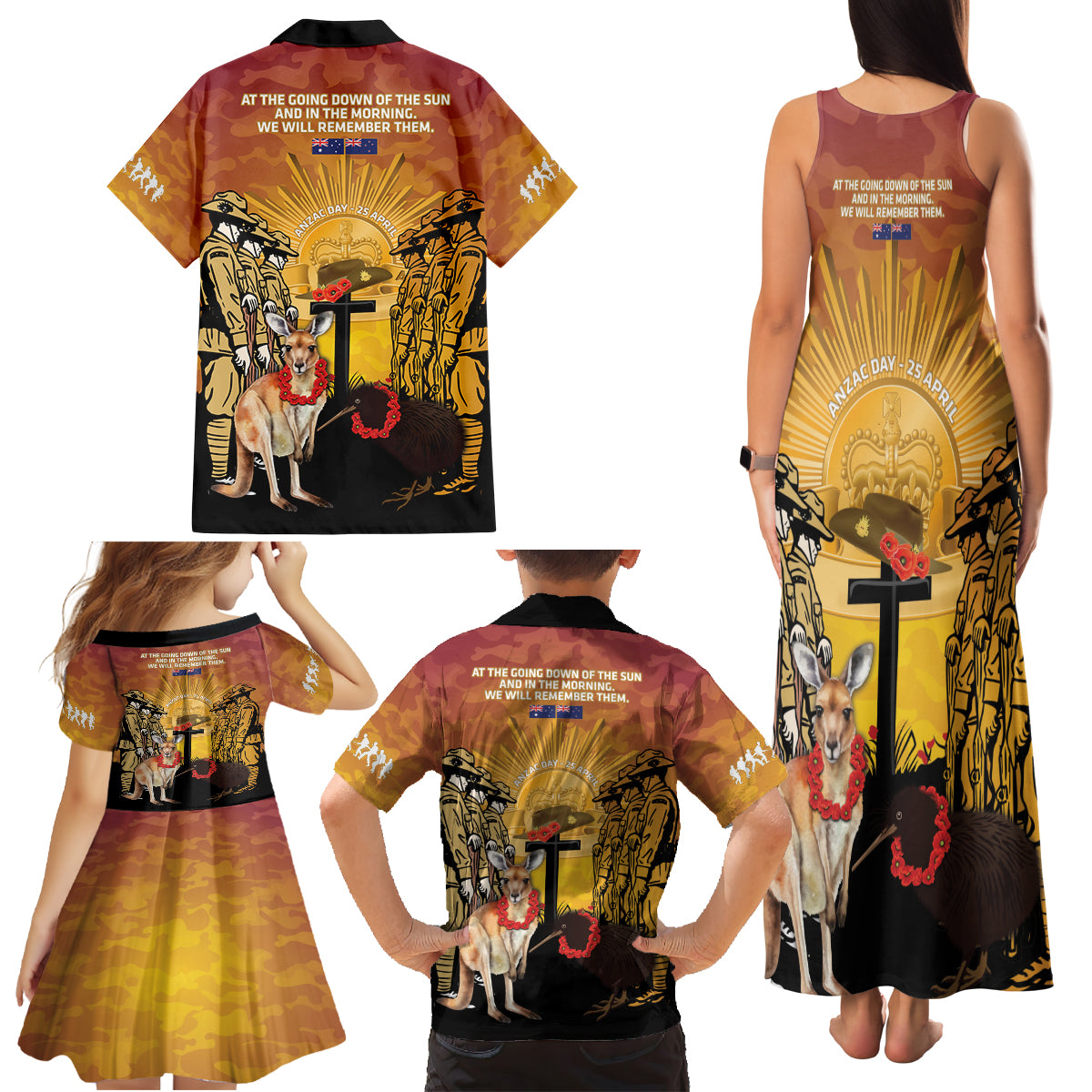 Australia And New Zealand ANZAC Family Matching Tank Maxi Dress and Hawaiian Shirt Aussie Kangaroo With Aotearoa Kiwi Lest We Forget