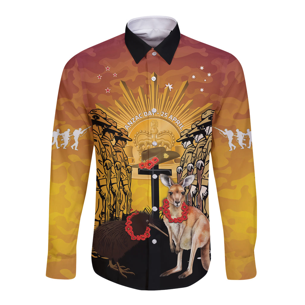 Australia And New Zealand ANZAC Long Sleeve Button Shirt Aussie Kangaroo With Aotearoa Kiwi Lest We Forget
