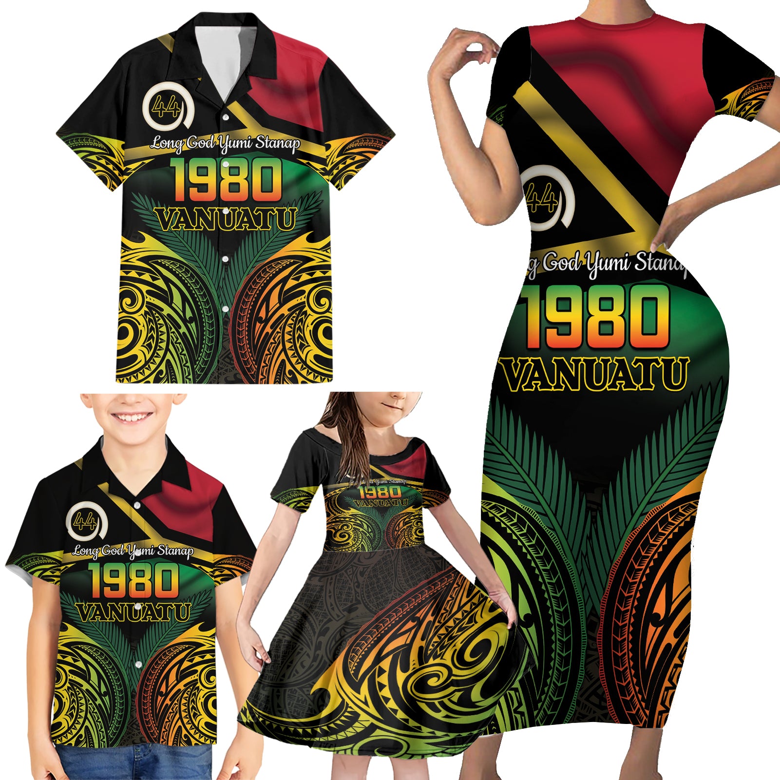Vanuatu 1980 Family Matching Short Sleeve Bodycon Dress and Hawaiian Shirt Hapi 44 Yia Indipendens Anivesari