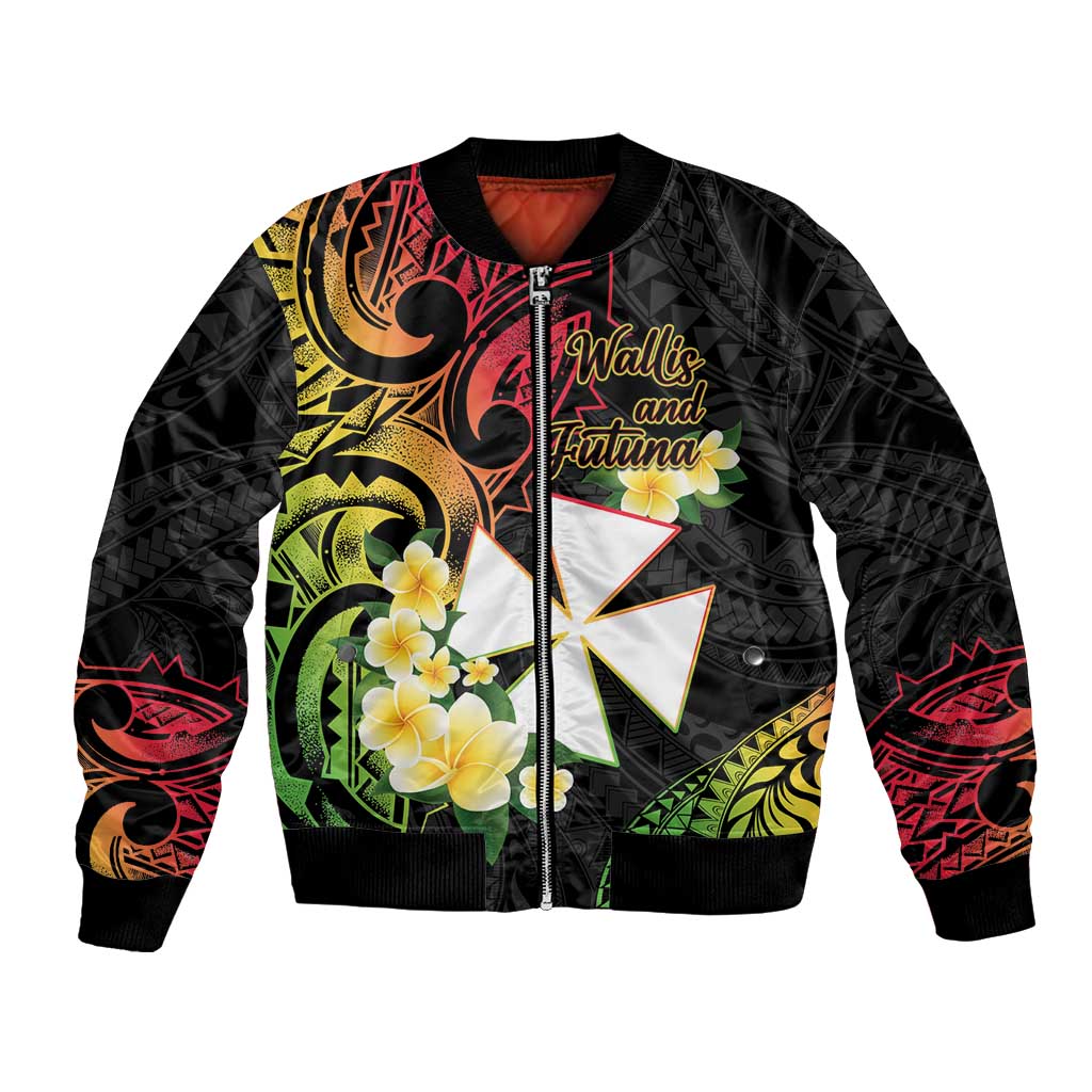 Wallis and Futuna Victory Day Bomber Jacket Liberty Equality Fraternity Polynesian Plumeria LT14 Unisex Black - Polynesian Pride