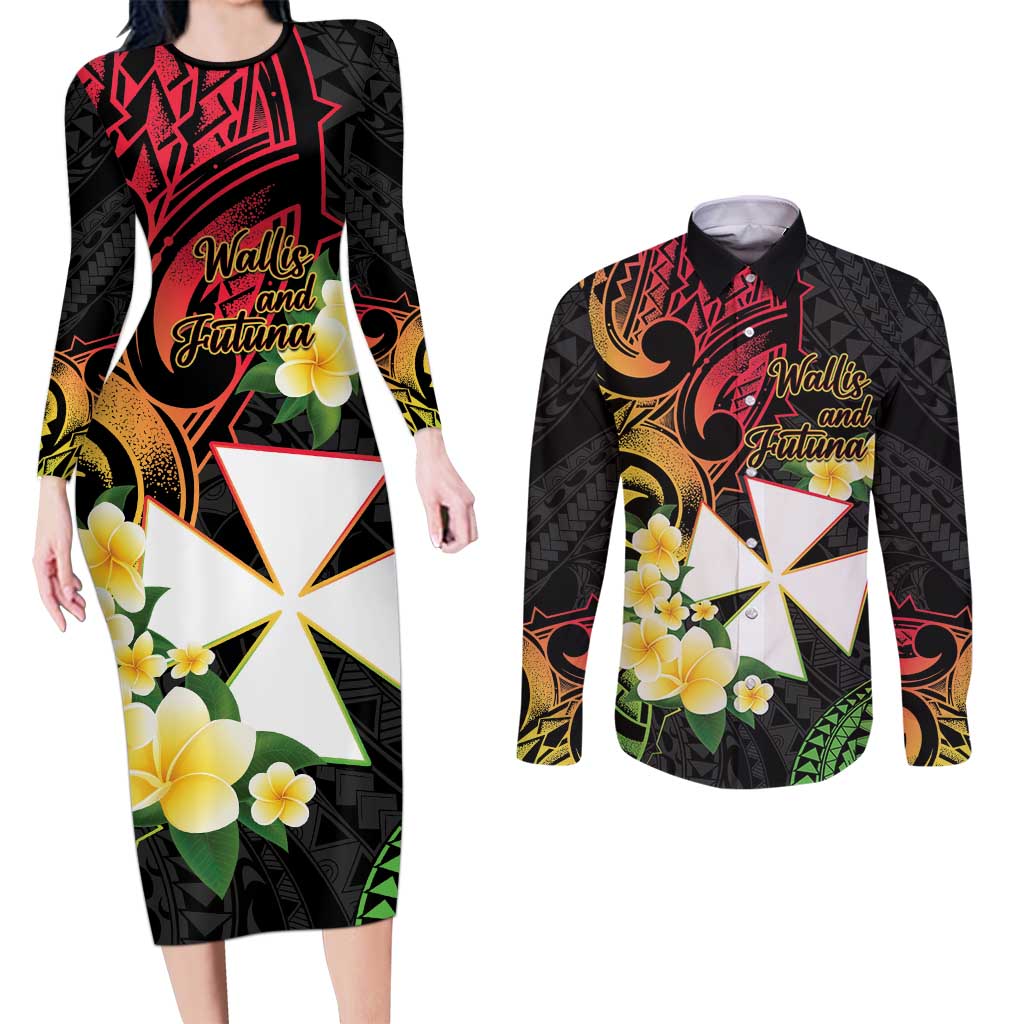Wallis and Futuna Victory Day Couples Matching Long Sleeve Bodycon Dress and Long Sleeve Button Shirt Liberty Equality Fraternity Polynesian Plumeria LT14 Black - Polynesian Pride