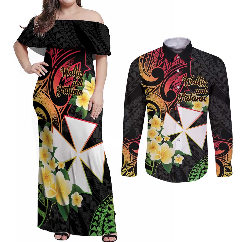 Wallis and Futuna Victory Day Couples Matching Off Shoulder Maxi Dress and Long Sleeve Button Shirt Liberty Equality Fraternity Polynesian Plumeria
