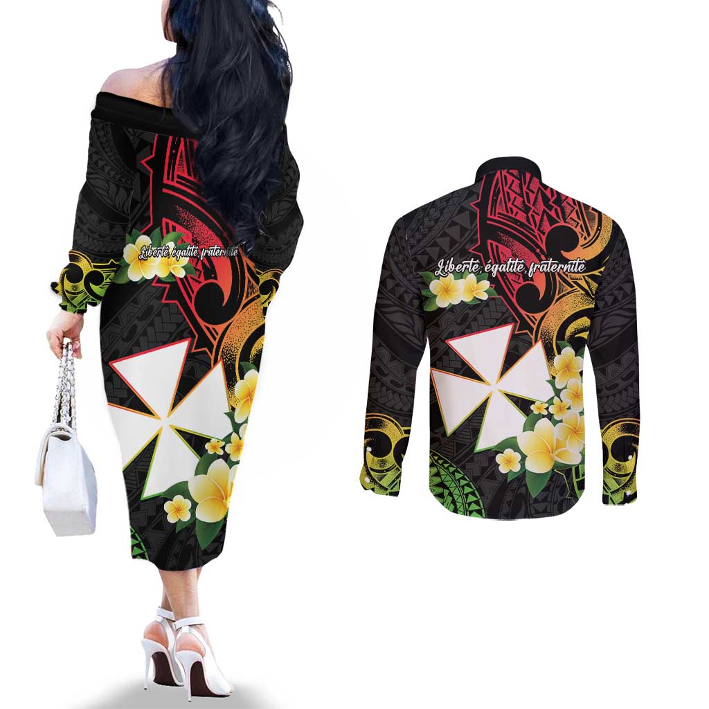 Wallis and Futuna Victory Day Couples Matching Off The Shoulder Long Sleeve Dress and Long Sleeve Button Shirt Liberty Equality Fraternity Polynesian Plumeria