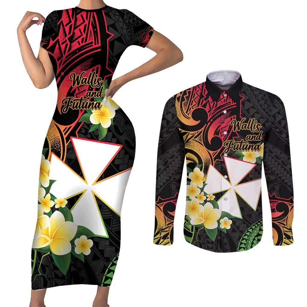 Wallis and Futuna Victory Day Couples Matching Short Sleeve Bodycon Dress and Long Sleeve Button Shirt Liberty Equality Fraternity Polynesian Plumeria LT14 Black - Polynesian Pride