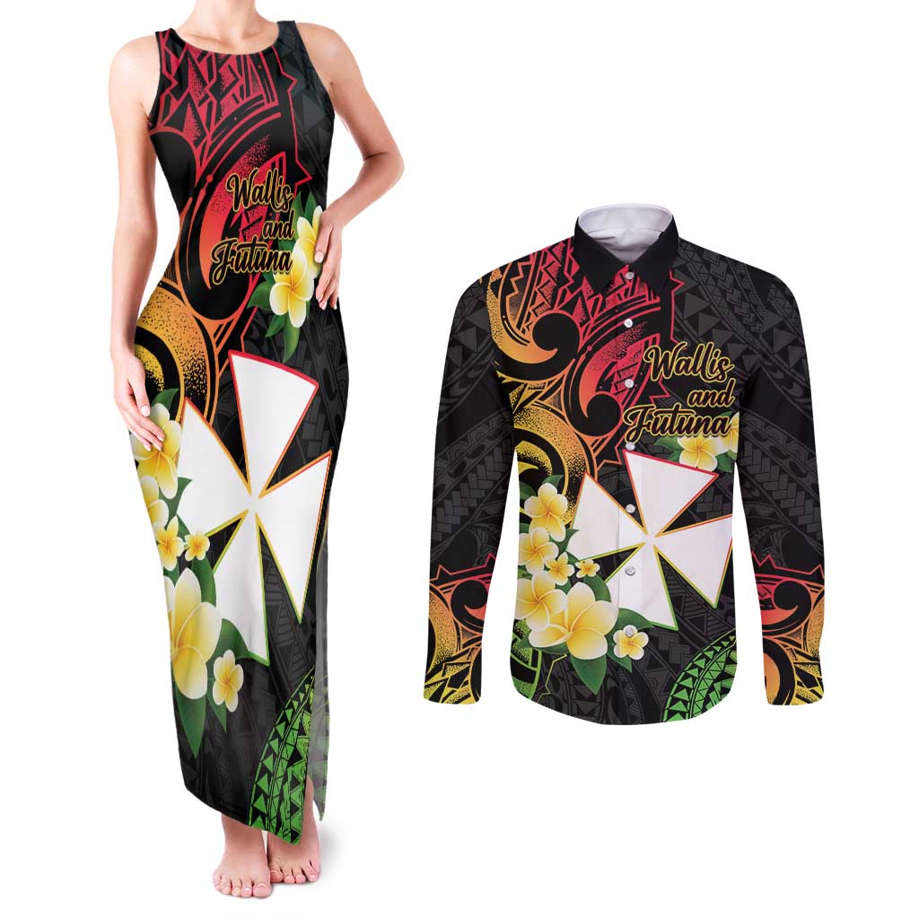 Wallis and Futuna Victory Day Couples Matching Tank Maxi Dress and Long Sleeve Button Shirt Liberty Equality Fraternity Polynesian Plumeria LT14 Black - Polynesian Pride