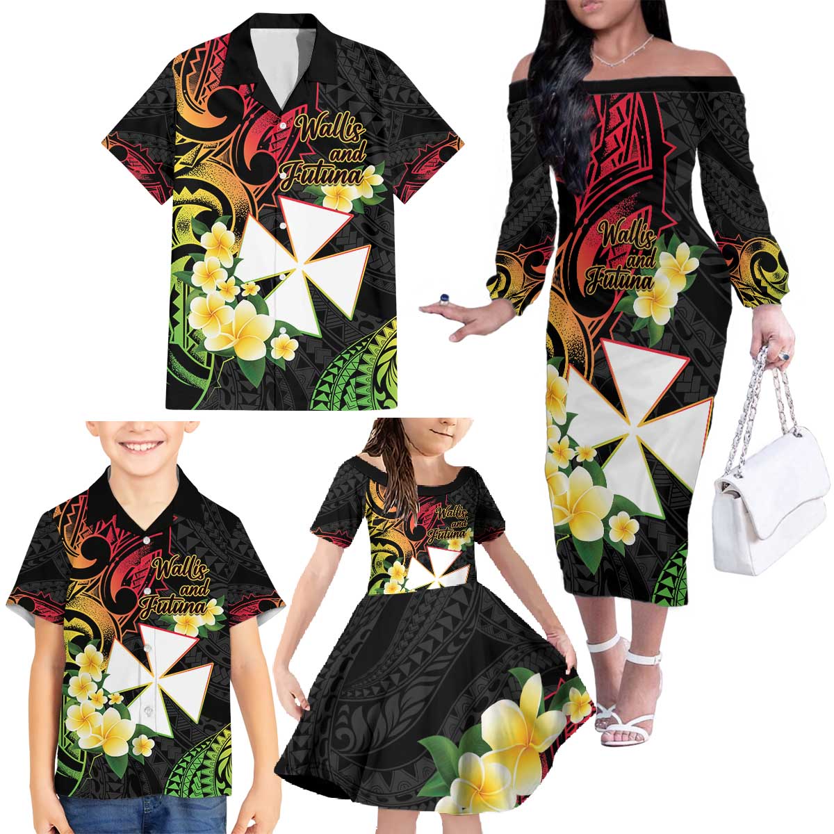 Wallis and Futuna Victory Day Family Matching Off The Shoulder Long Sleeve Dress and Hawaiian Shirt Liberty Equality Fraternity Polynesian Plumeria