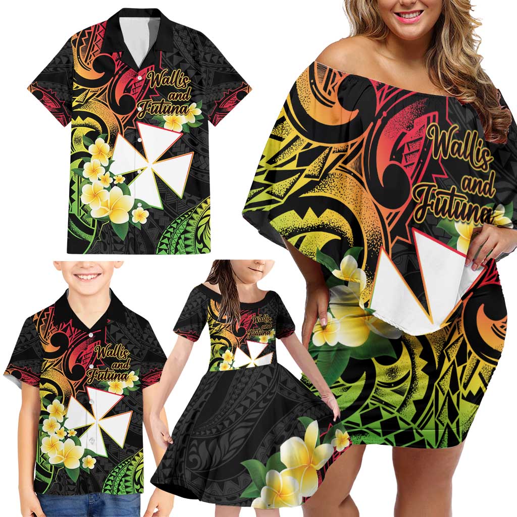Wallis and Futuna Victory Day Family Matching Off Shoulder Short Dress and Hawaiian Shirt Liberty Equality Fraternity Polynesian Plumeria