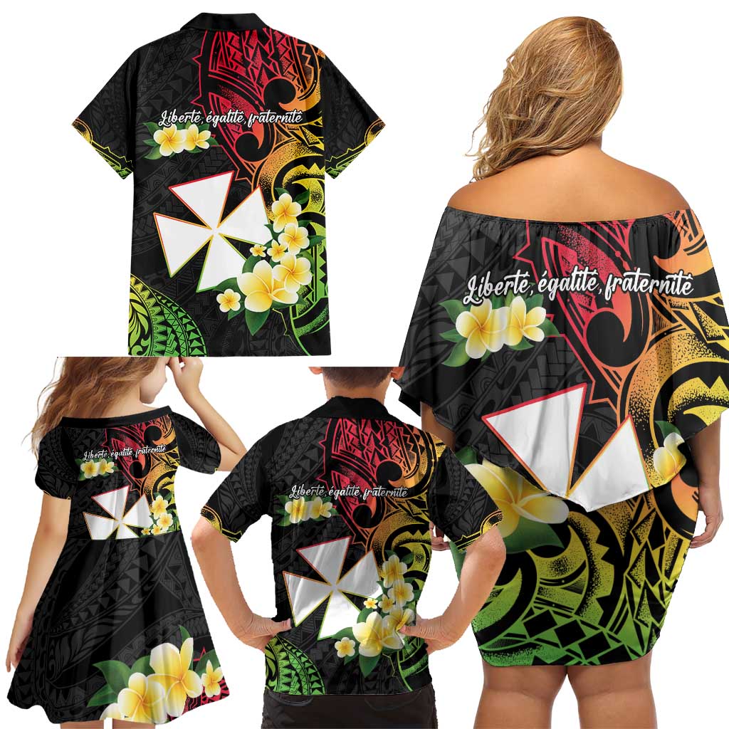 Wallis and Futuna Victory Day Family Matching Off Shoulder Short Dress and Hawaiian Shirt Liberty Equality Fraternity Polynesian Plumeria