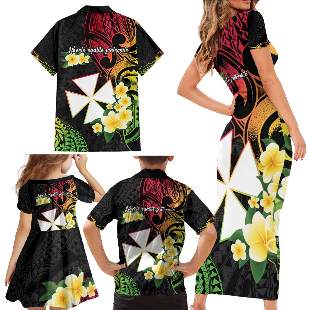 Wallis and Futuna Victory Day Family Matching Short Sleeve Bodycon Dress and Hawaiian Shirt Liberty Equality Fraternity Polynesian Plumeria