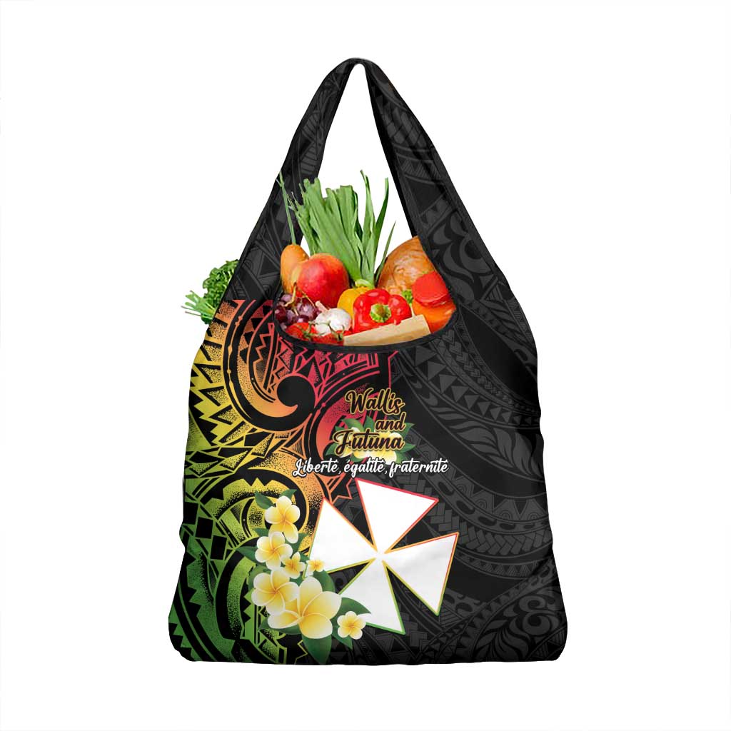 Wallis and Futuna Victory Day Grocery Bag Liberty Equality Fraternity Polynesian Plumeria