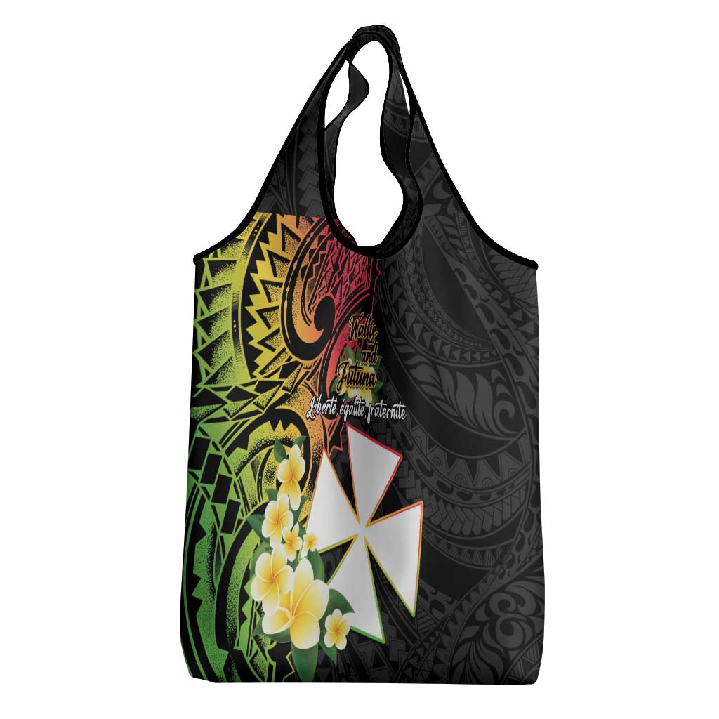 Wallis and Futuna Victory Day Grocery Bag Liberty Equality Fraternity Polynesian Plumeria