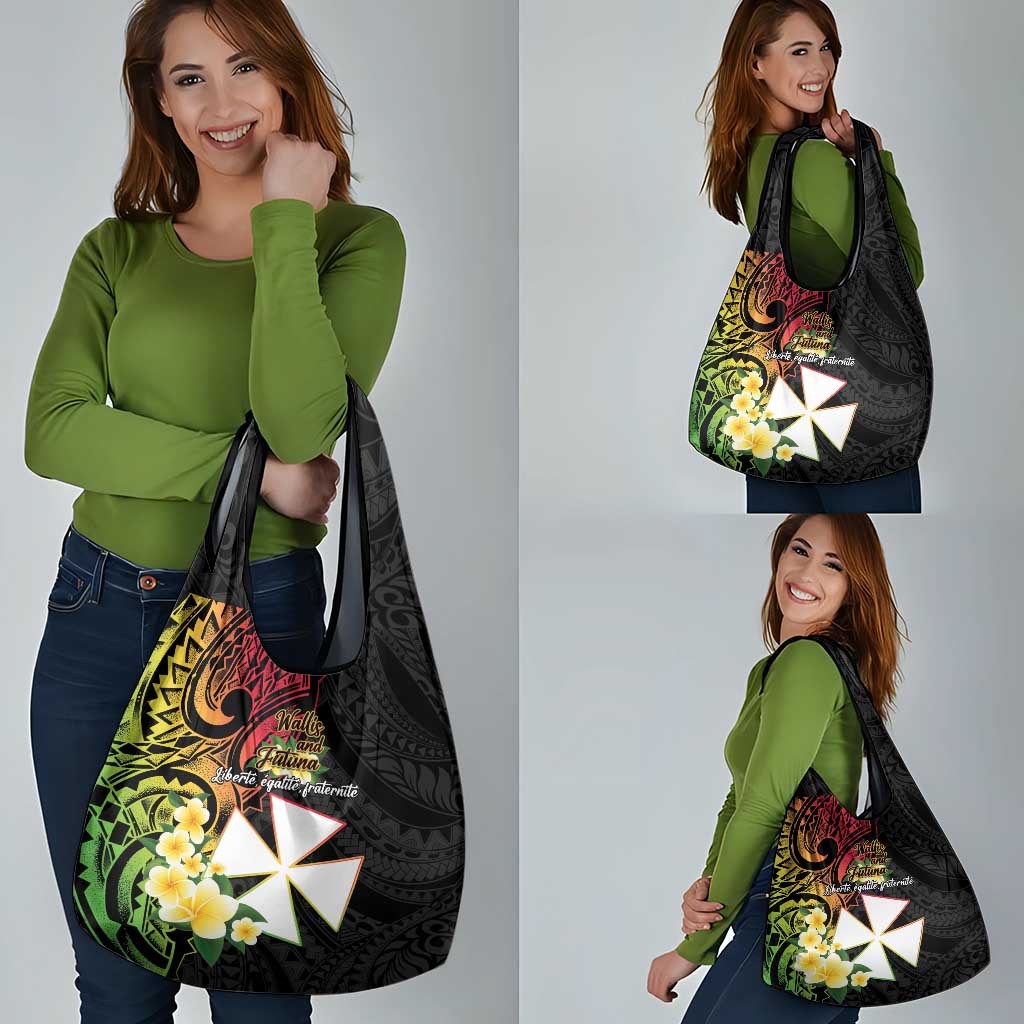 Wallis and Futuna Victory Day Grocery Bag Liberty Equality Fraternity Polynesian Plumeria