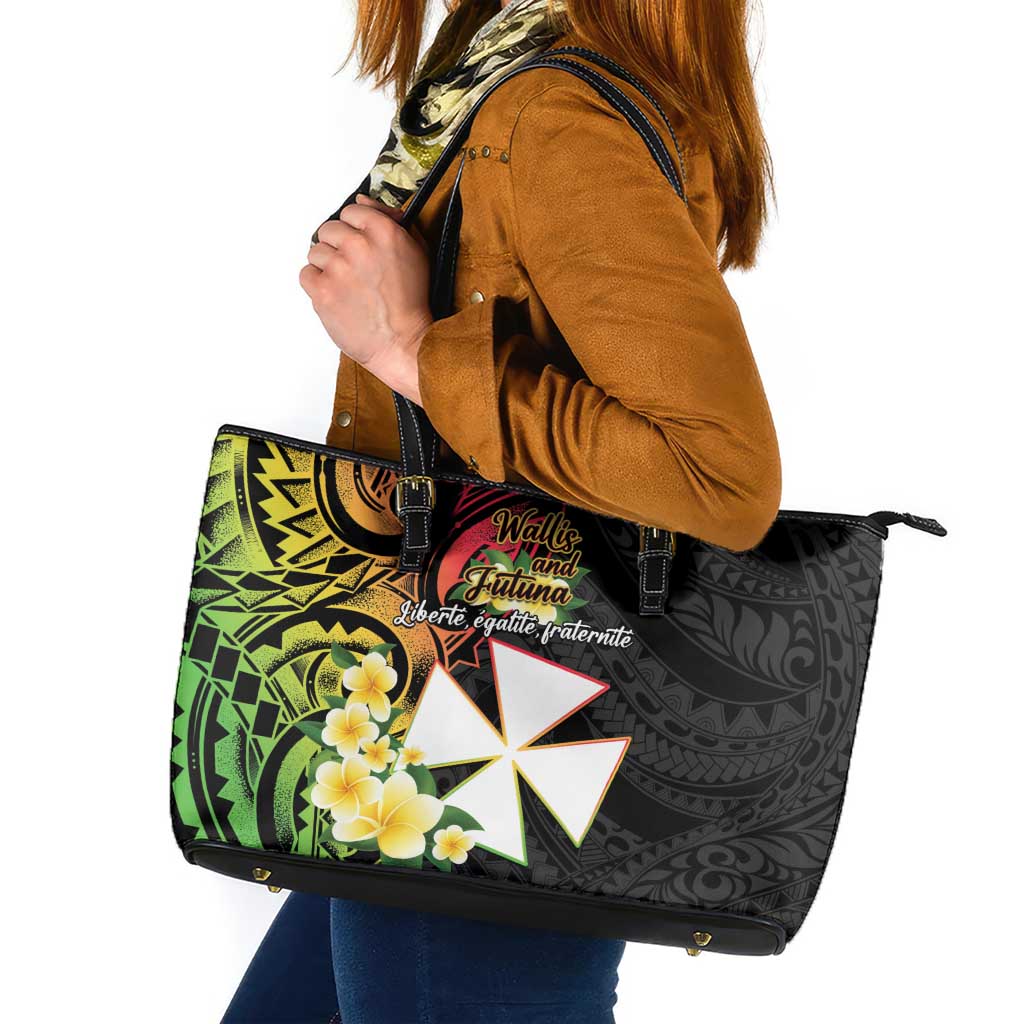 Wallis and Futuna Victory Day Leather Tote Bag Liberty Equality Fraternity Polynesian Plumeria